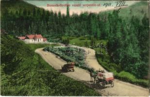 1911 Borszék-fürdő, Baile Borsec; Serpentin út autóval és lovas kocsival / road with automobile and horse cart