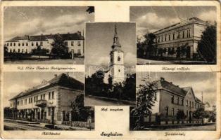 1936 Szeghalom, Református templom és Péter András reálgimnázium, adóhivatal, Községi szálloda, Járásbíróság (gyűrődések / creases)