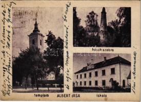 1944 Albertirsa, Templom, Hősök szobra, emlékmű, iskola. Bori Erzsébet dohányáruda kiadása (EK)