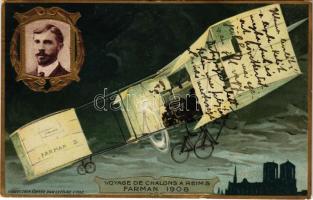 1911 Voyage de Chalons a Reims Farman 1908. Collection Éditée par Lefévre-Utile / Henri Farman repülőgépe, dombornyomott / British-French aviator and his aircraft. Embossed litho (Rb)