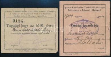1919 Szmodics László főhadnagy részére szóló 2 db tagsági jegy és igazolvány (Tartalékos és Népfelkelő Tisztek és Szellemi Munkás-katonák Országos Egyesülete, ill. Ipari és Közlekedési Tisztviselők Országos Szövetsége), sérülésekkel