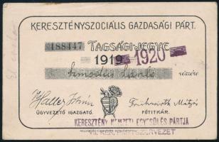 1920 Keresztényszociális Gazdasági Párt tagsági jegy Szmodics László részére, tagdíj bélyeggel