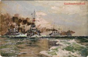 Geschwaderverband Kaiserliche Marine. Wohlgemuth &amp; Lissner Primus-Postkarte &quot;Unsere Marine&quot; No. 876. / German Navy art s: Hans Bohrdt (fl)