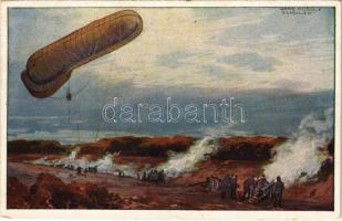 Fesselballon, unsere Artilleriewirkung beobachtend. Deutscher Luftflotten-Verein / WWI German military art postcard, observation balloon s: Hans Rudolf Schulze