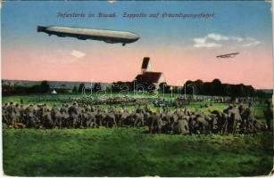 1915 Infanterie im Biwak, Zeppelin auf Erkundigungsfahrt / German military and Zeppelin airship (worn corners)