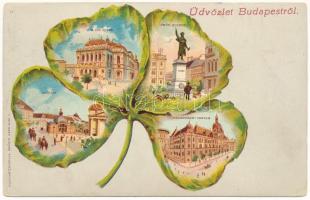 Budapest, Igazságügyi palota, Petőfi szobor, Deák tér, Budai Lánchídfő. Postkartenverlag Brüder Kohn 19. Szecessziós lóherés litho / Art Nouveau clover litho (EB)