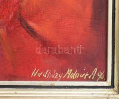 Hadházy Molnár Attila (1962-): Lány virágokkal. Olaj, farost, jelezve jobbra lent. Dekoratív fakeret...