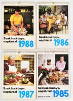 1985-1988 Szakácskönyv naptárral, 4 db falinaptár színes fotókkal és receptekkel, helyenként kissé foltosak, 28,5x20 cm