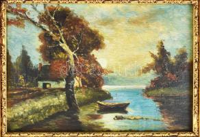 Jelzés nélkül: Vízparti táj. Olaj, falemez. Dekoratív fakeretben. 18x25 cm