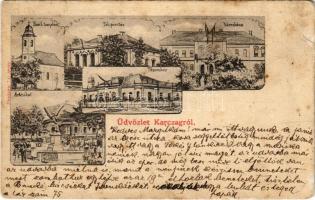 1902 Karcag, Római katolikus templom, Takarékpénztár, Városháza, Társaskör, Artézi kút. Sződi S. kiadása (szakadás / tear)