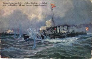 SMS Scharfschütze osztrák-magyar Haditengerészet Huszár-osztályú rombolója (Zerstörer) támadásban egy francia torpedóromboló ellen / K.u.K. Kriegsmarine Torpedobootzerstörer. Offizielle Postkarte des Österreichischen Flottenvereines zu Gunsten der Kriegsfürsorge / Austro-Hungarian Navy destroyer. Brüder Kohn Wien I. s: Alex Kircher