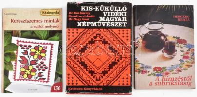 3 db népművészet és kézimunka témájú könyv: Kós Károly - Szentimrei Judit - Nagy Jenő: Kis-Küküllő vidéki magyar népművészet. Bukarest, 1978, Kriterion. Fekete-fehér képekkel illusztrálva. Kiadói egészvászon-kötés, kissé sérült kiadói papír védőborítóban. + Herczeg Beáta: A hímzéstől a subrikálásig. Kézimunkakönyv kezdőknek és haladóknak. Bp., 1988, szerzői kiadás. Kiadói papírkötés. + Cami Dröge: Keresztszemes minták a sublót mélyéről. Bp., 2018, CSER Kiadó. Kiadói tűzött papírkötés.