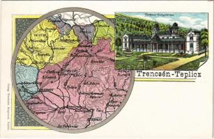 Trencsénteplic, Trencianske Teplice; Gyógyterem, fürdő, térkép. Wertheim Zsigmond kiadása / spa, bath, map. Art Nouveau, litho (EK)