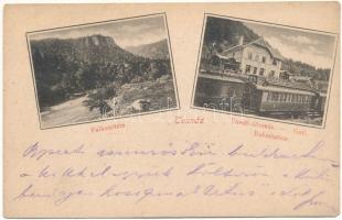 1901 Tusnád, Falkenstein (Sólyomkő), vasútállomás vonatokkal / Piatra Soimilor, railway station, trains (Rb)