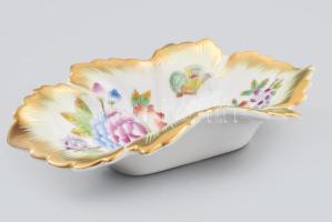 Herendi Viktória mintás leveles tálka, kézzel festett, jelzett, hibátlan, díszdobozban, 15×8,5 cm