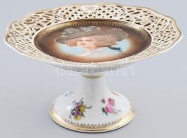 Schumann Dresden talpas kínáló, kínáló felületén részben kézzel festett kalapos hölgy képével, áttör...