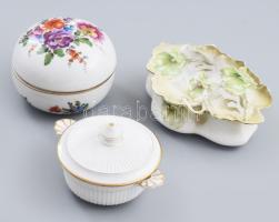 3 darab bonbonier: közte pipacs formavilágot idéző pipacsmintás és francia porcelán, jelzett, kopással, egyik repedt, d: 8-13 cm