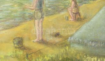 Jelzés nélkül: Horgászó és csónakázó gyerekek. Pasztell, papír. Üvegezett, kissé kopott fakeretben. ...