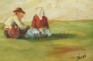 Olvashatatlan jelzéssel, XX. sz. első fele: Napos réten. Olaj, karton. Dekoratív, kissé sérült faker...