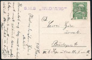 1913 Tábori posta képeslap 5h bérmentesítéssel S.M.S. WILDFANG