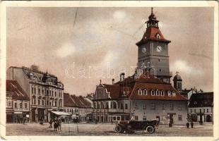 1929 Brassó, Kronstadt, Brasov; Sfatul / Rathaus / Tanácsház (városháza), üzletek, automobil / town hall, shops, automobile (EB)