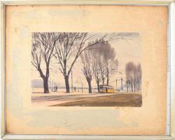 Jelzés nélkül: Budapesti Dunapart villamossal, 1968. Akvarell, papír, kartonra kasírozva. Apró felül...