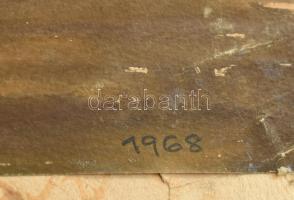 Jelzés nélkül: Budapesti Dunapart villamossal, 1968. Akvarell, papír, kartonra kasírozva. Apró felül...