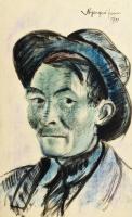 Nyergesi János (1895-1982): Portré (Önarckép?), (1920?). Tus, akvarell, papír, jelzett, 34x21 cm.