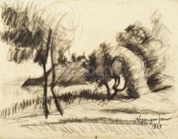 Nyergesi János (1895-1982): Expresszív táj, 1929. Szén, papír, jelzett. Lapszéli apró foltokkal, 23x29,5 cm.