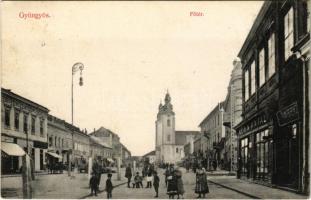 1912 Gyöngyös, Fő tér, Steinitz Gábor papírnagykereskedés és könyvnyomdája, Kohn Antal és Berger Dezső üzlete, gyógyszertár. Bendel Károly kiadása