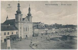 1916 Marosvásárhely, Targu Mures; Fő tér, templom, Oláh István és János üzlete. Porjes S. Sándor kiadása / main square, church, shops (ázott / wet damage)