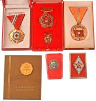 6db-os szocialista jelvény, kitüntetés és plakett tétel, közte "Vöröskeresztes munkáért" arany fokozat, Szocialista Brigád, "A Haza Szolgálatáért Érdemérem arany fokozat", "KPVDSZ" plakett dísztokban T:AU,XF
