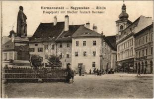 1916 Nagyszeben, Hermannstadt, Sibiu; Hauptplatz mit Bischof Teutsch Denkmal / Fő tér, Teutsch püspök szobor, Grand Magazin, üzletek. F. Stoiber kiadása / main square, statue, shops (EK)