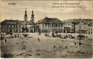 1905 Temesvár, Timisoara; Losonczy tér, Szerb templom, piac, Rech János üzlete. Moravetz Testvérek kiadása / square, Serbian church, market, shops (EK)