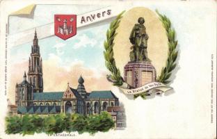 Antwerpen, Anvers; La Statue de Van Dyck, La Cathedrale / statue, cathedral, floral, litho
