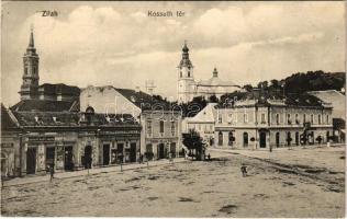 1915 Zilah, Zalau; Kossuth tér, templomok, Dohány nagy áruda, Pergei fodrász, Seres Lajos és Samu, Éder M. és fia, Nagy Árpád üzlete, könyvnyomda, Enyveshát. Seres Samu kiadása / square, churches, shops, hairdresser (kis szakadás / small tear)