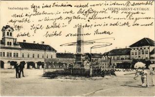 1910 Sepsiszentgyörgy, Sfantu Gheorghe; Szabadság tér, Berkovics Herman üzlete, M. kir. állami polgári leányiskola. Benkő M. kiadása / square, shops, girls&#039; school