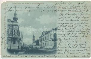 1899 (Vorläufer) Beszterce, Bistritz, Bistrita; Spitalgasse mit Post u. Finanzdirektion / Kórház utca, Posta és Pénzügyigazgatóság. Carl Binder kiadása / Hospital Street, post office and financial directorate (b)