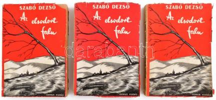 Szabó Dezső: Az elsodort falu I-III. köt. A borító Byssz Róbert (1893-1961) munkája. Bp.,é.n. Genius. Kiadói papírkötésben, szakadozott, foltos borítókkal, az egyik gerincen hiánnyal.