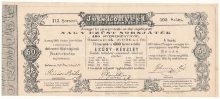 Debrecen 1871. &quot;Jótékony cél - Nagy Ezüst Sorsjáték&quot; sorsjegye 50kr értékben a Debreceni Református Főiskola felépítésére, &quot;113. 305&quot; sorozat és sorszámmal T:F szép papír