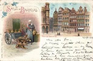 1899 Brussels, Bruxelles; town hall, folkwear, dog cart, litho (fa)