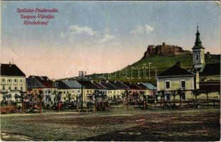 1927 Szepesváralja, Spisské Podhradie, Kirchdrauf; Fő tér, templom, várromok, piac / main square, castle ruins, church, market (EK)