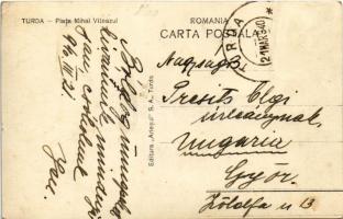 1940 Torda, Turda; Fő tér, D. Fodor, Csiky, Simonffy, Bajusz üzlete / Piatra Mihail Viteazul / main ...