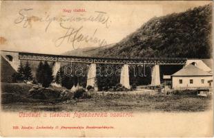 1905 Tiszolc, Tisovec; Tiszolc-völgyi fogaskerekű vasút Breznóbánya és Tiszolc között, nagy viadukt. Lechnitzky O. fénynyomdája kiadása / standard gauge cogwheel railway between Brezno nad Hronom and Tisovec, industrial railway bridge, viaduct (kis szakadás / small tear)