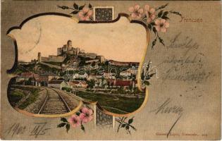 1902 Trencsén, Trencín; vár és vasút. Gansel Lipót 249. / castle ruins, railway track. Art Nouveau, floral (fl)