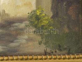 Kardos jelzéssel (Kardos Gábor?): Tabán, Hadnagy utca, háttérben a régi Erzsébet híddal. Olaj, karto...