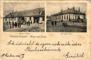 1903 Écska, Német-Ecska, Ecka (Torontál); Kohn Izidor üzlete, állami elemi iskola / shop and school (EK)