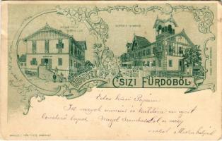 1899 (Vorläufer) Csízfürdő, Kúpele Ciz; Meskó-féle Mária lak, Margit nyaraló. Fogel Mór, Márkus D. / villas. Art Nouveau, floral (Rb)