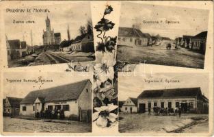 1914 Molna, Molve; Zupina crkva, Gostiona F. Spitzera, Trgovina Samuel Spitzera, Trgovina F. Spitzera / templom, F. Spitzer vendéglője és üzlete, Samuel Spitzer üzlete / church, inn, shops. Floral (fa)