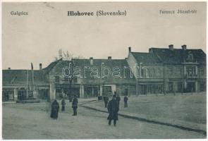 Galgóc, Hlohovec; Ferenc József tér, gyógyszertár, üzletek / square, pharmacy, shops (vágott / cut)